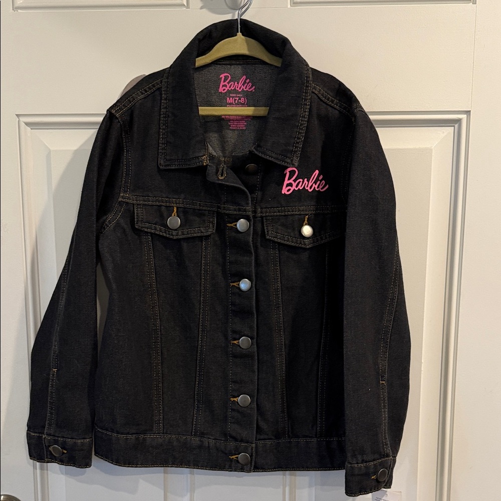 NWT Barbie Black Denim Jacket with Pink Script Logo